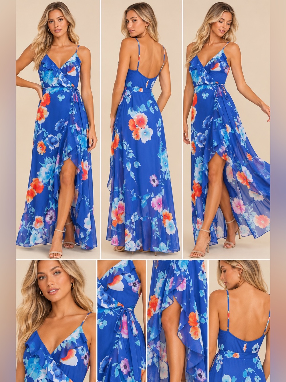 Lulus Ladean Royal Blue Floral Ruffle Wrap Maxi Dress XL NWT